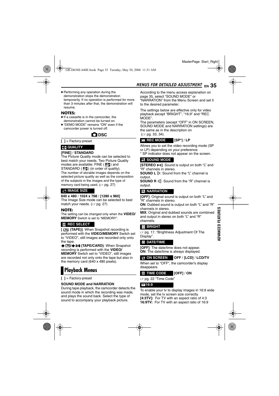 Playback menus, Pg. 35), Time | JVC GR-D640E User Manual | Page 35 / 56