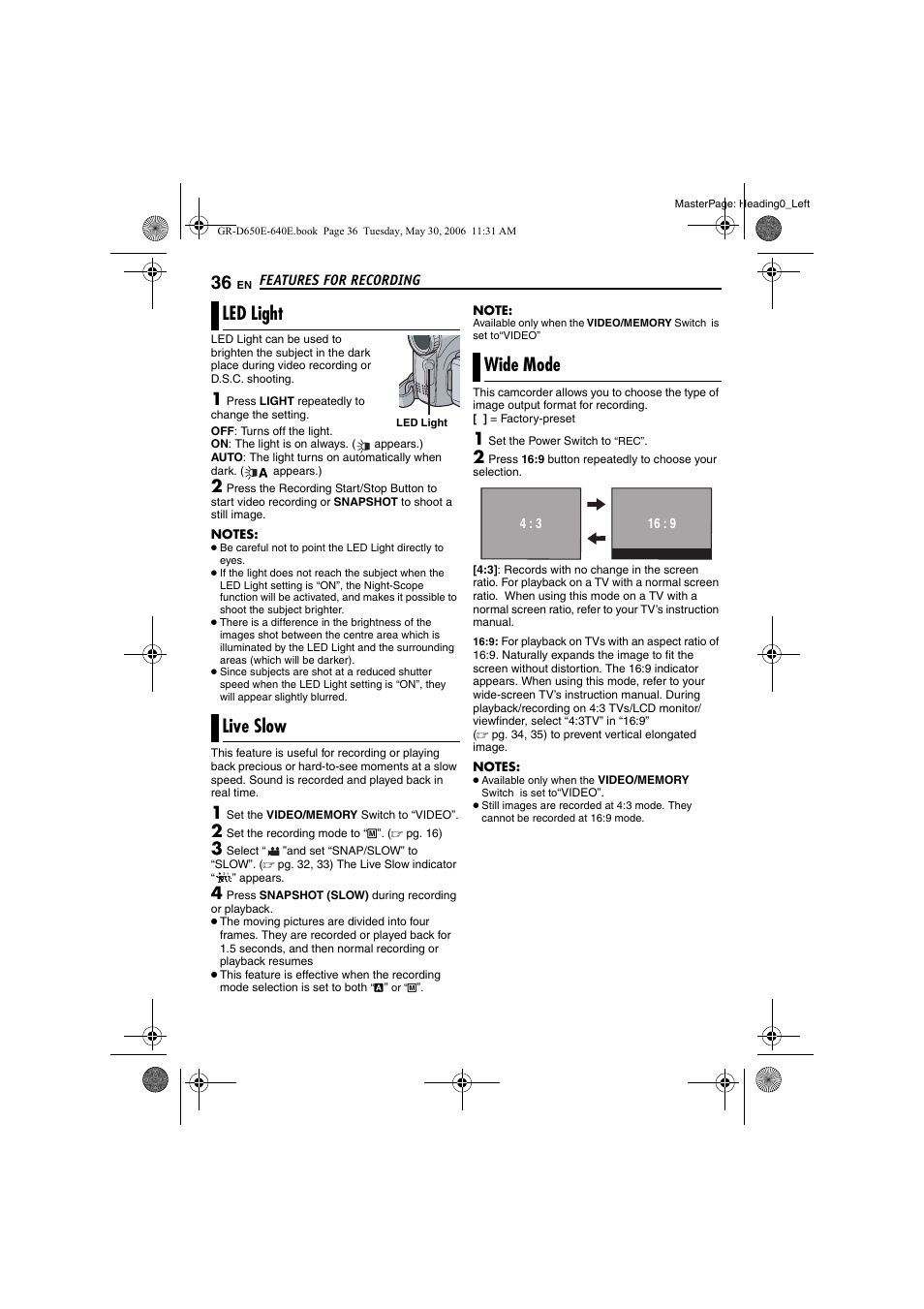 Features for recording, Led light, Live slow | Wide mode, Pg. 36), 36 live slow, 36 wide mode, Pg. 36, 37, Led light live slow | JVC GR-D640E User Manual | Page 36 / 56