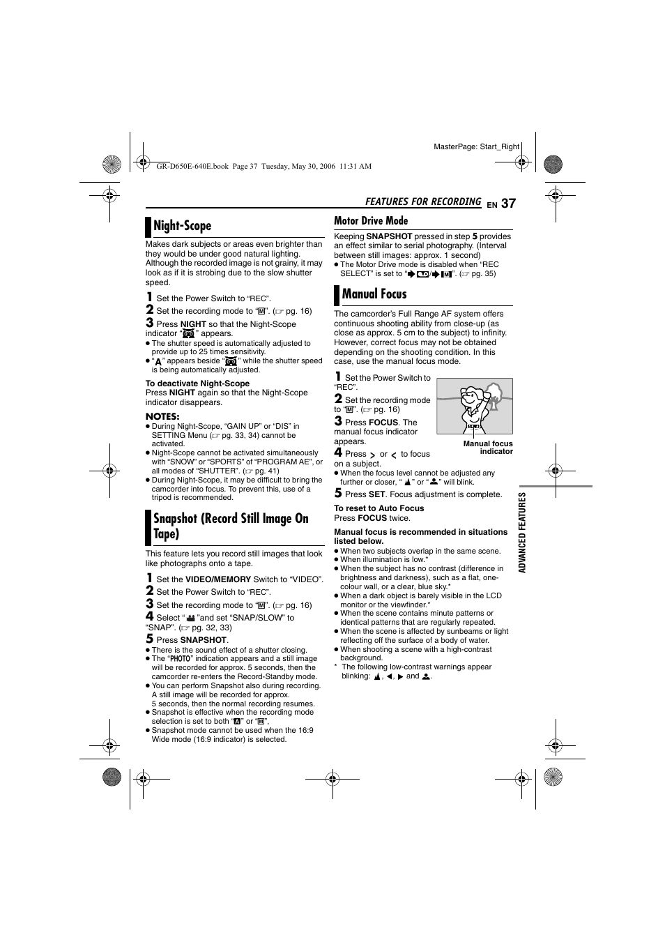 Night-scope, Snapshot (record still image on tape), Motor drive mode | Manual focus, 37 snapshot (record still image on tape), 37 manual focus, Focus, Pg. 37), Ight | JVC GR-D640E User Manual | Page 37 / 56