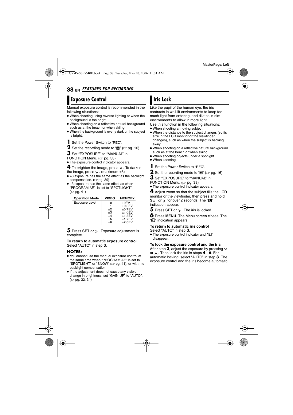 Exposure control, Iris lock, 38 iris lock | Pg. 38) | JVC GR-D640E User Manual | Page 38 / 56