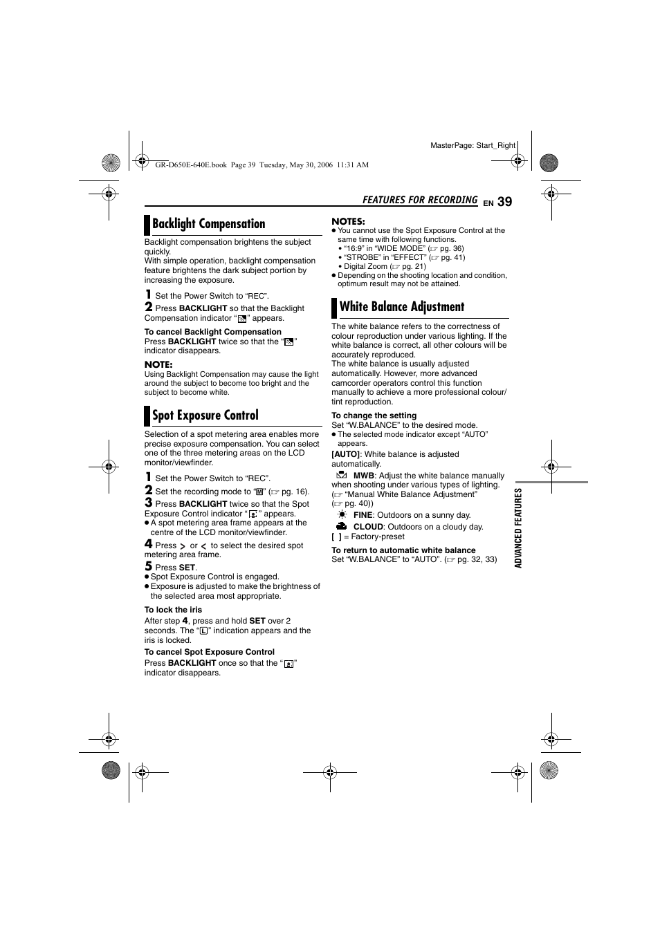 Backlight compensation, Spot exposure control, White balance adjustment | Pg. 39), Pg. 39, spot exposure, Control), 39 spot exposure control, 39 white balance adjustment, Ight | JVC GR-D640E User Manual | Page 39 / 56