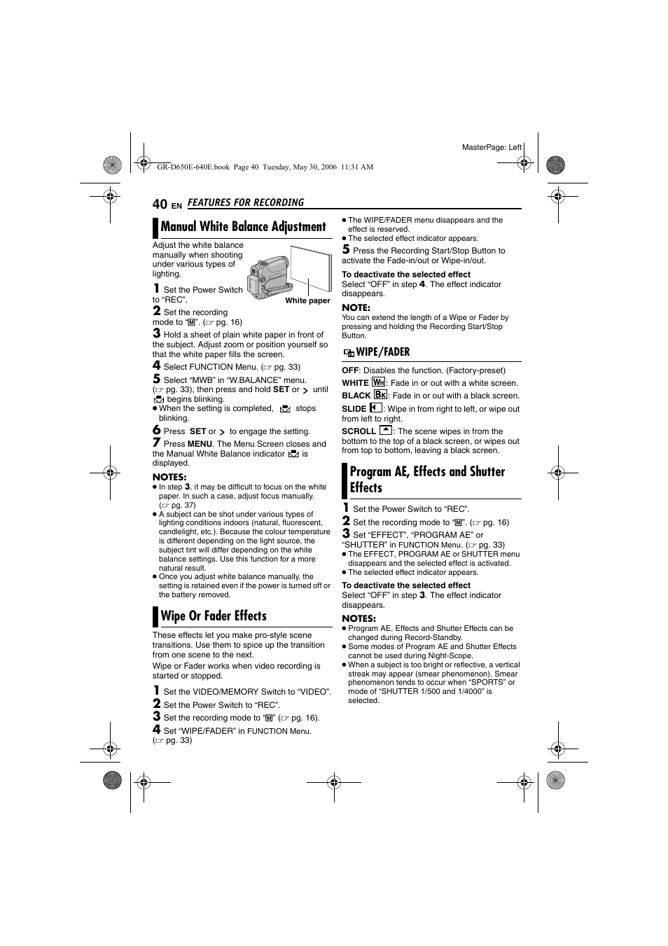 Manual white balance adjustment, Wipe or fader effects, Wipe/fader | Program ae, effects and shutter effects, Pg. 40), 40 wipe or fader effects, 40 program ae, effects and shutter effects | JVC GR-D640E User Manual | Page 40 / 56