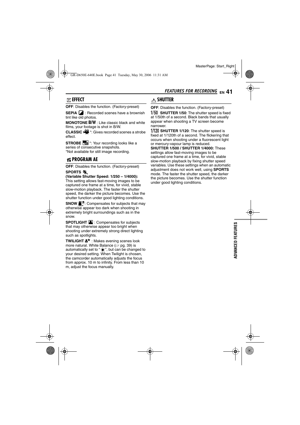 Effect, Program ae, Shutter | Pg. 41), Pg. 41), or with | JVC GR-D640E User Manual | Page 41 / 56