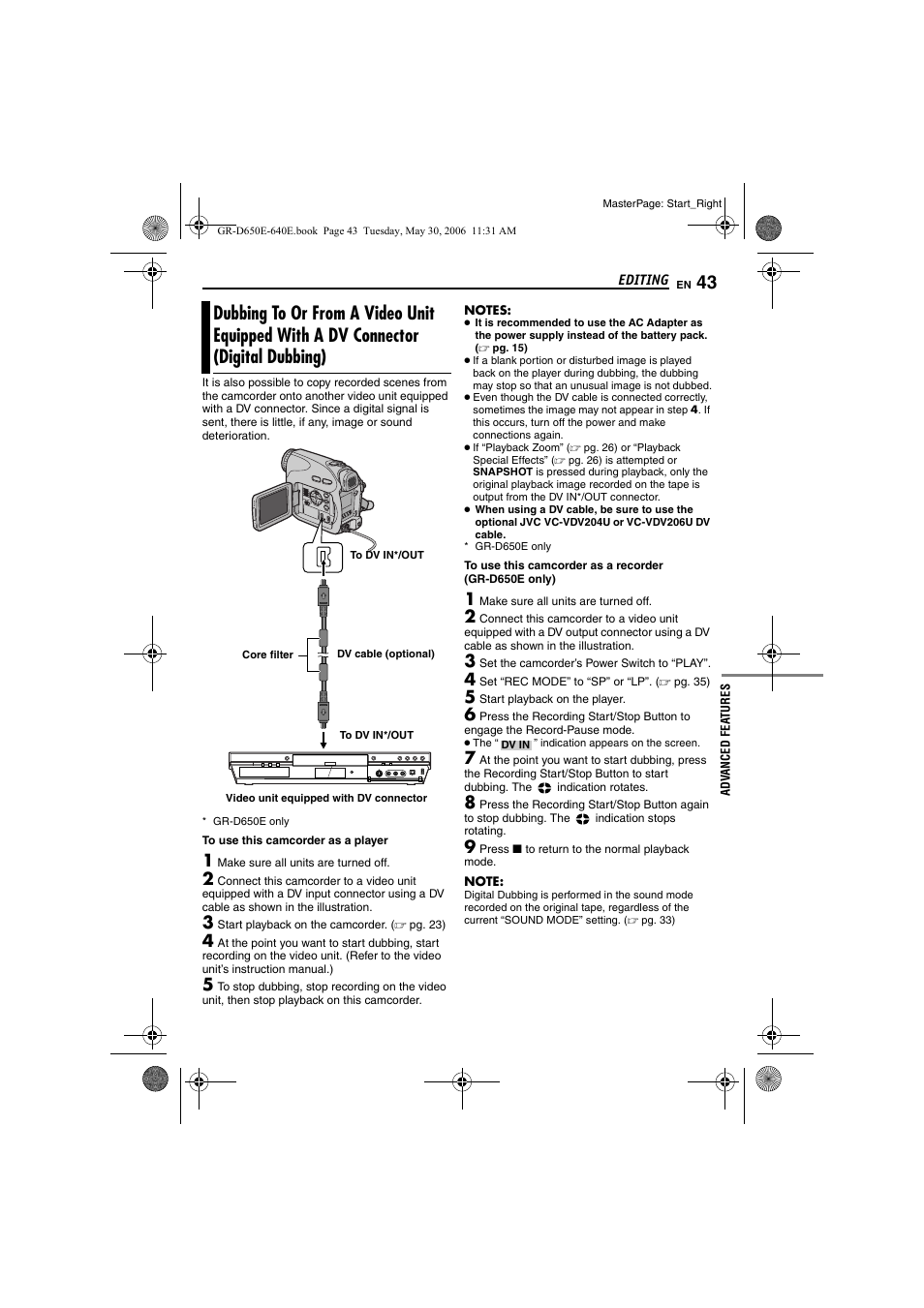 Dubbing to or from a video unit equipped with, A dv connector (digital dubbing) | JVC GR-D640E User Manual | Page 43 / 56