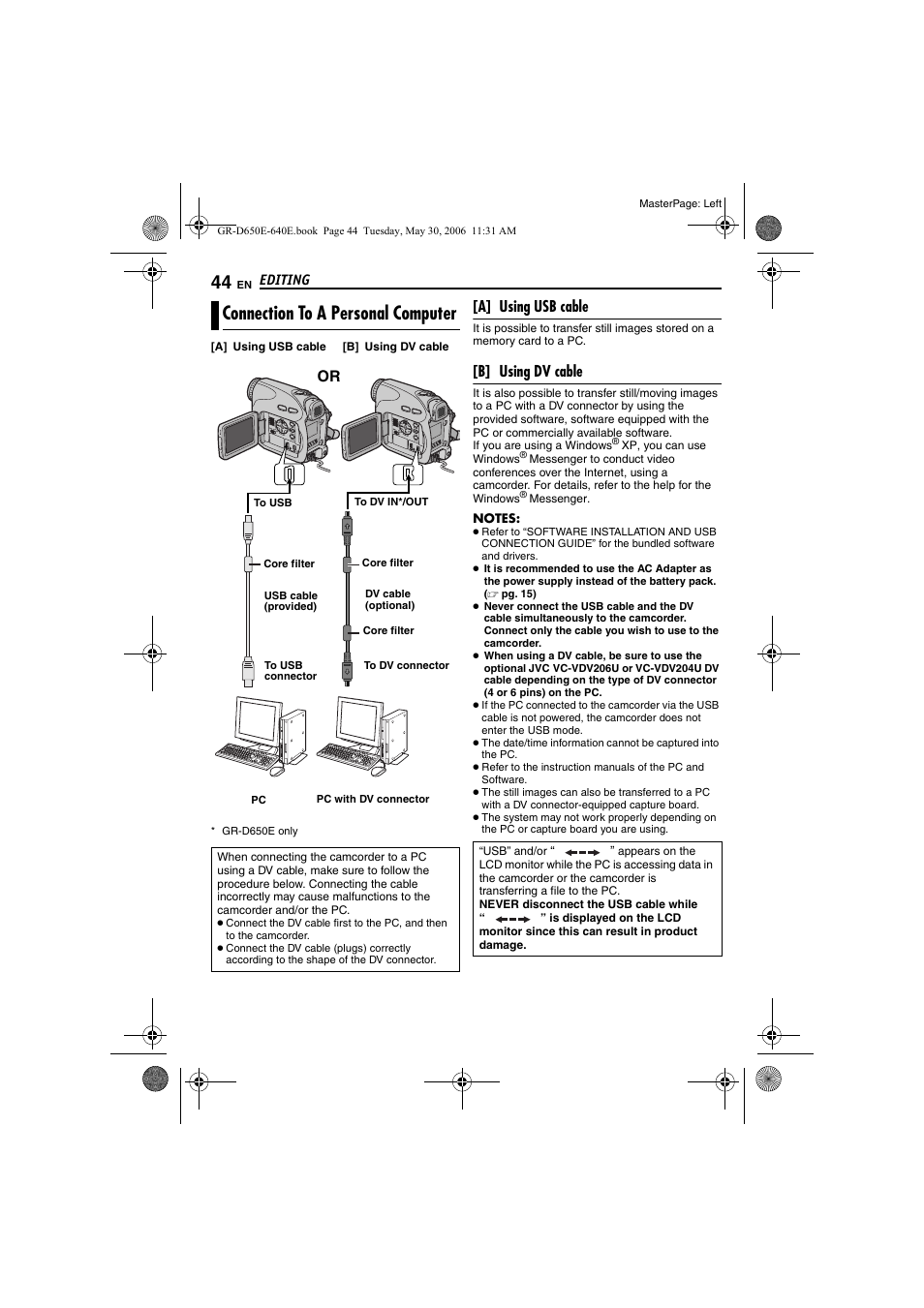 Connection to a personal computer, Pg. 44) | JVC GR-D640E User Manual | Page 44 / 56