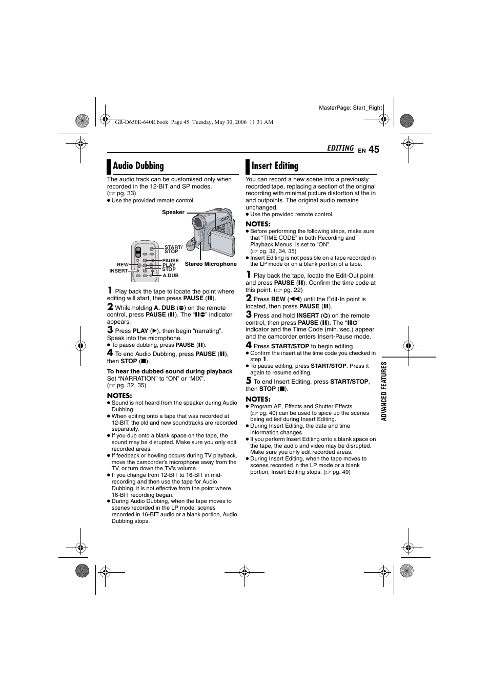 Audio dubbing, Insert editing, 45 insert editing | Pg. 45) | JVC GR-D640E User Manual | Page 45 / 56