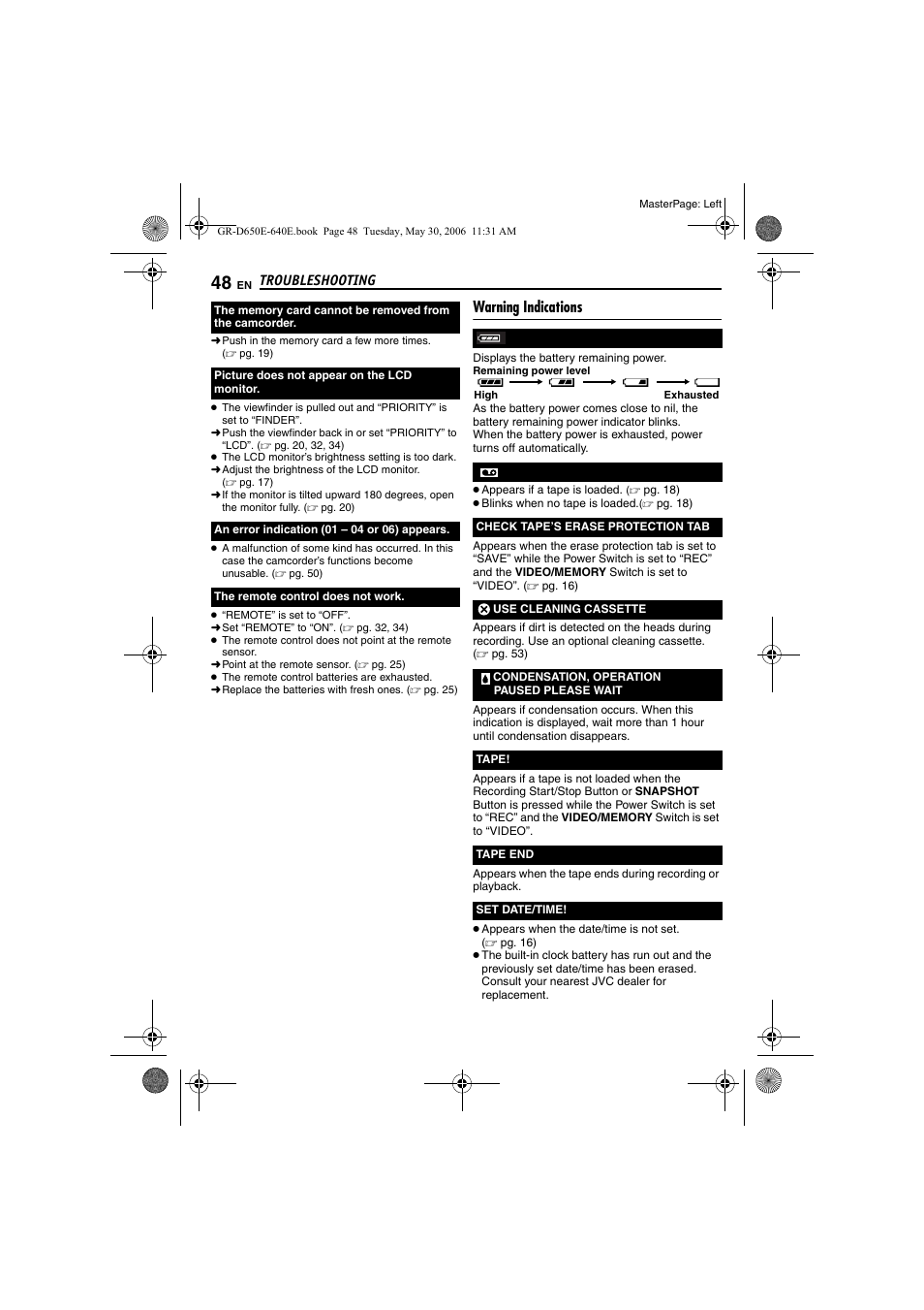 Warning indications, Pg. 48) | JVC GR-D640E User Manual | Page 48 / 56