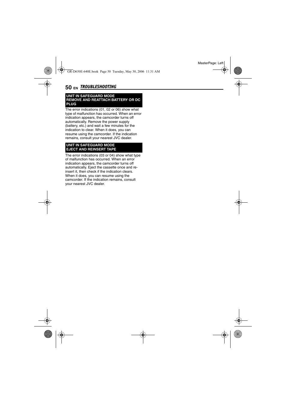 Troubleshooting, Pg. 50) | JVC GR-D640E User Manual | Page 50 / 56