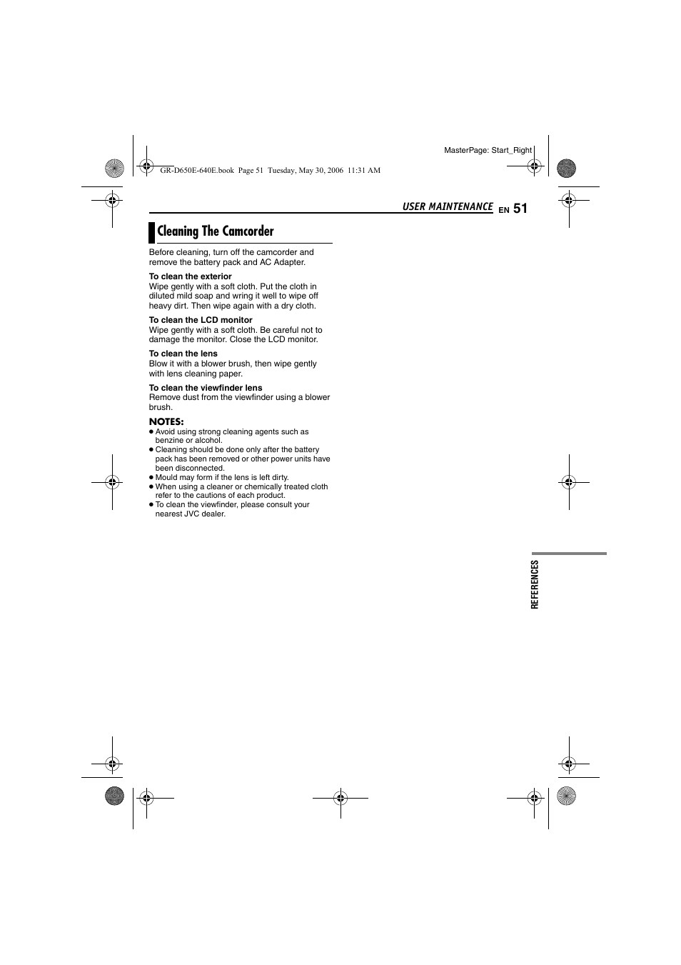 User maintenance, Cleaning the camcorder, Pg. 51) | JVC GR-D640E User Manual | Page 51 / 56