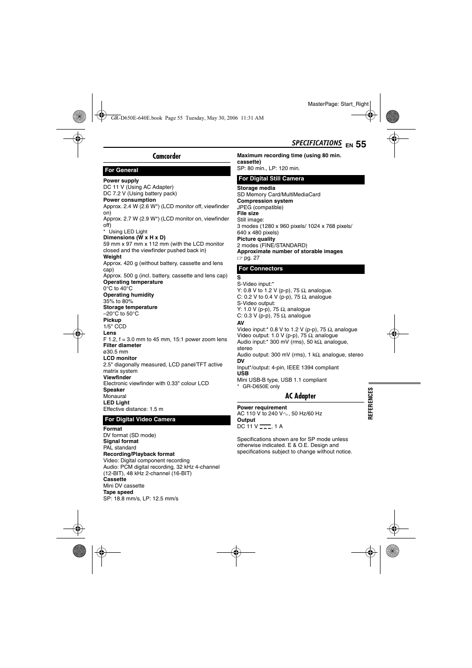 Specifications, Camcorder, Ac adapter | JVC GR-D640E User Manual | Page 55 / 56