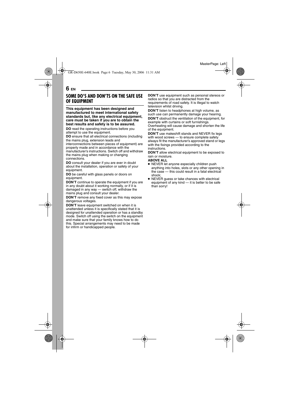 Some do’s and don’ts on the safe use of equipment | JVC GR-D640E User Manual | Page 6 / 56