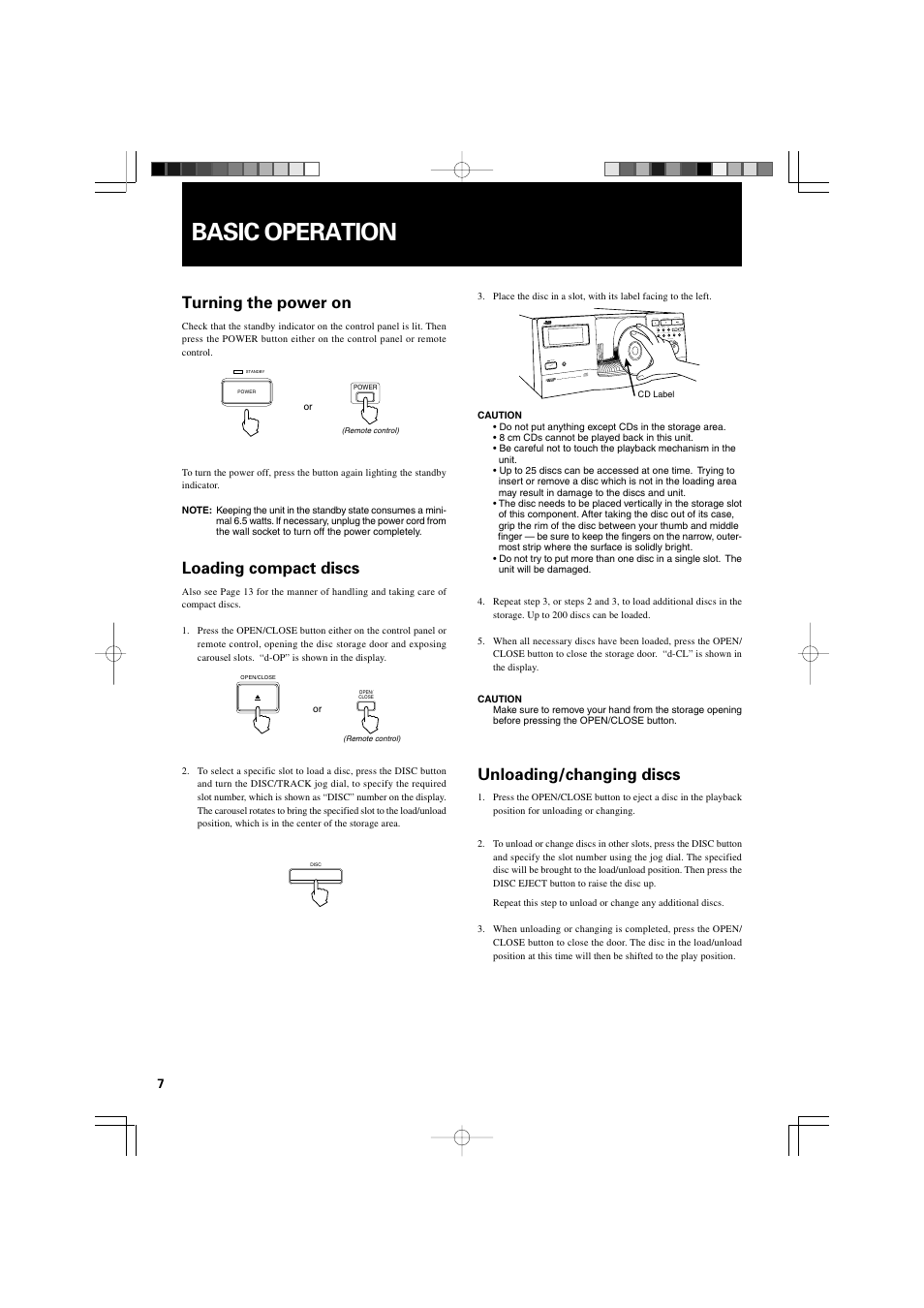 Basic operation, Turning the power on, Unloading/changing discs | Loading compact discs | JVC XL-MC2000BK User Manual | Page 10 / 20