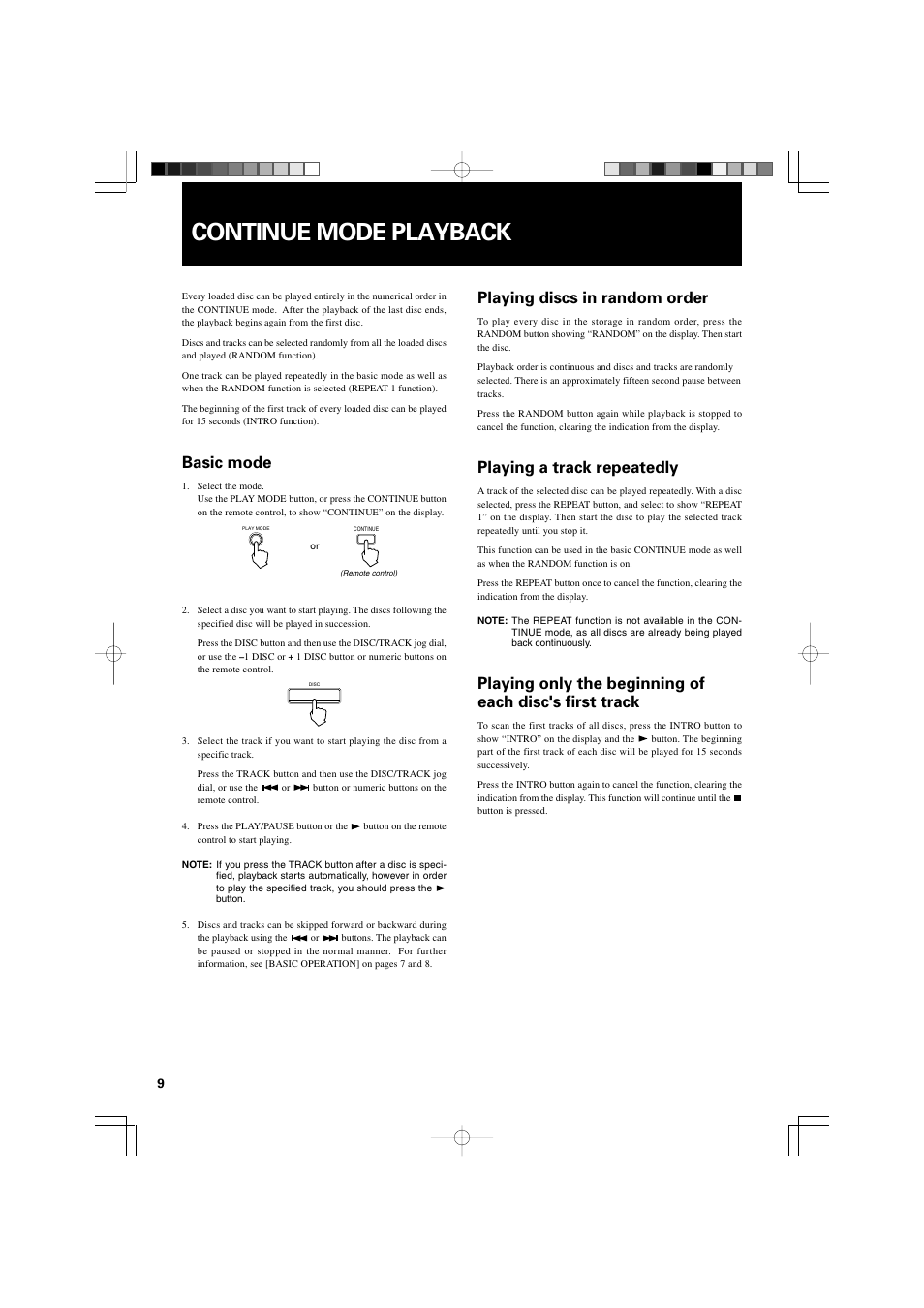 Continue mode playback, Basic mode, Playing discs in random order | Playing a track repeatedly | JVC XL-MC2000BK User Manual | Page 12 / 20