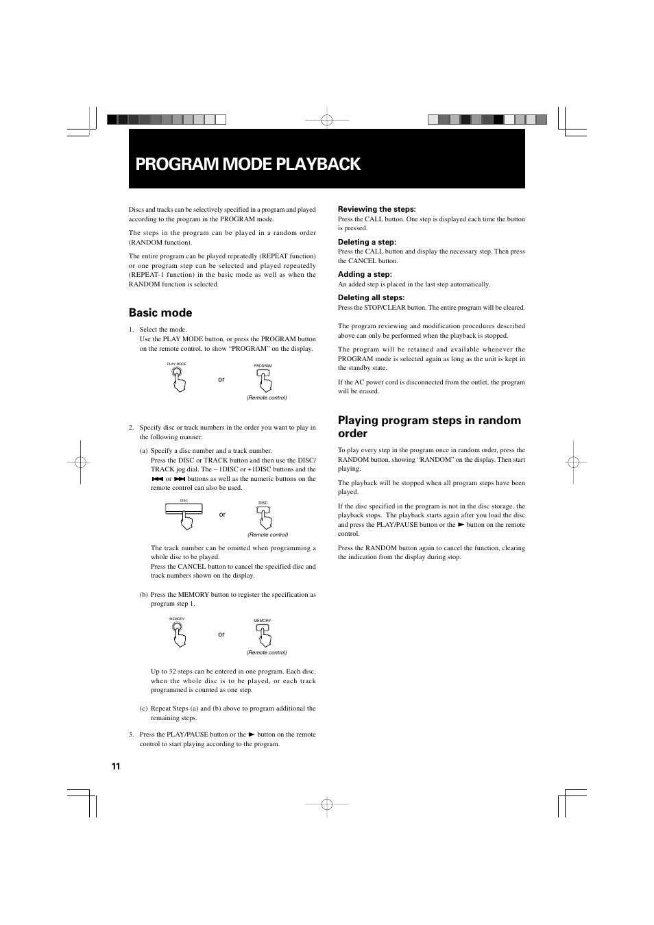 Program mode playback, Basic mode, Playing program steps in random order | JVC XL-MC2000BK User Manual | Page 14 / 20