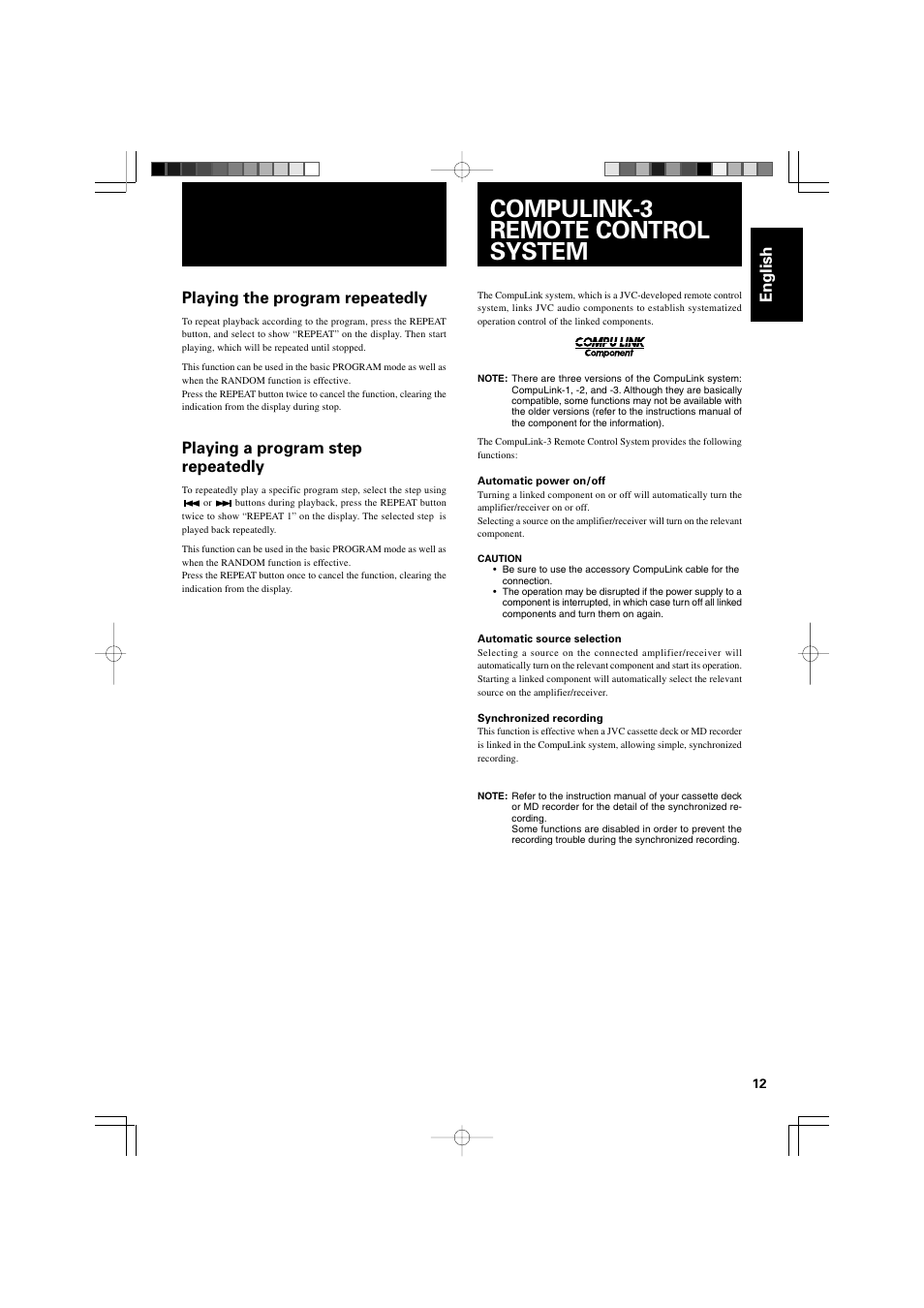 Compulink-3 remote control system, English, Playing the program repeatedly | Playing a program step repeatedly | JVC XL-MC2000BK User Manual | Page 15 / 20