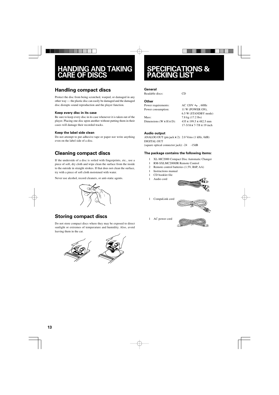 Handing and taking care of discs, Specifications & packing list, Handling compact discs | Cleaning compact discs, Storing compact discs | JVC XL-MC2000BK User Manual | Page 16 / 20