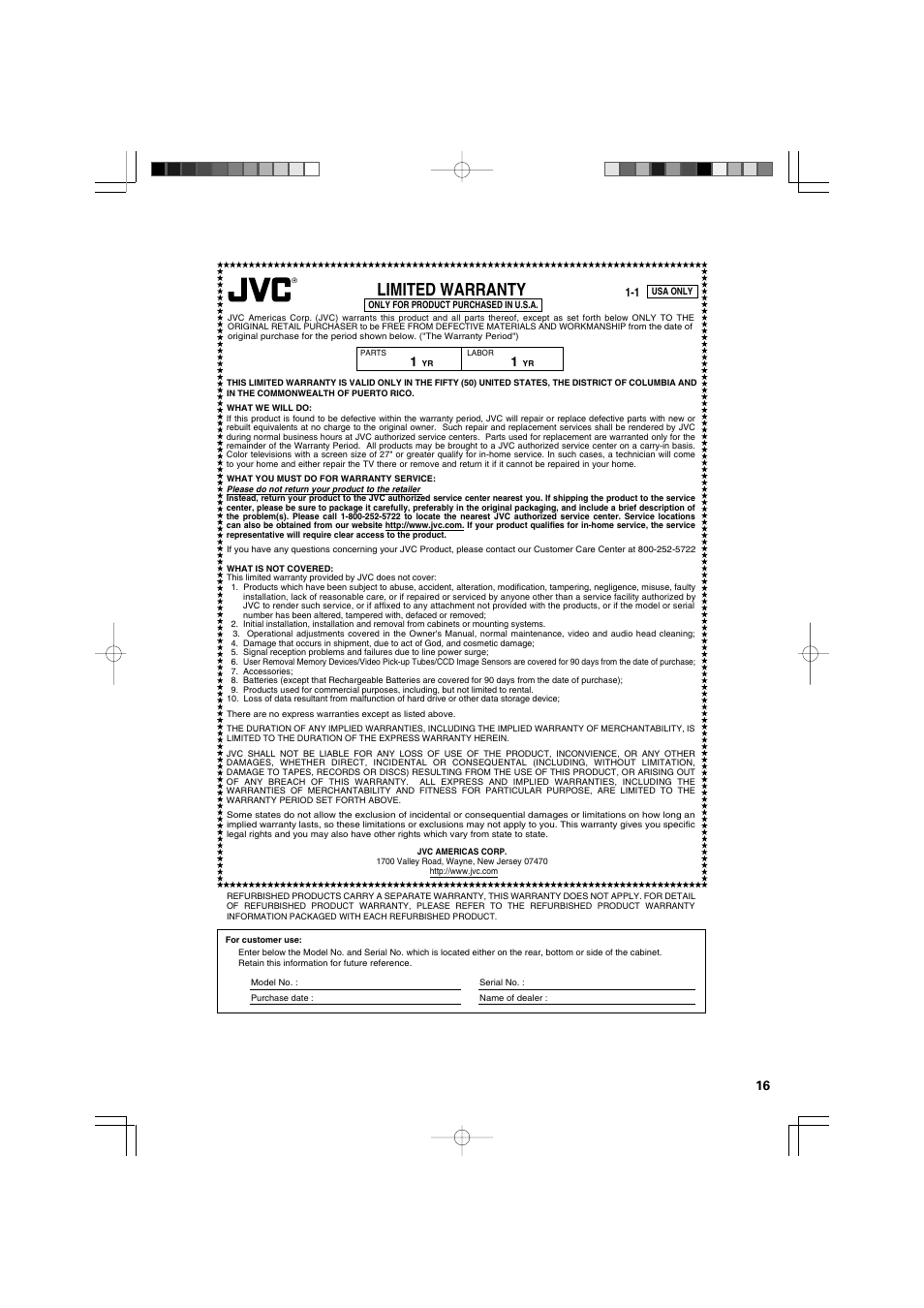 Limited warranty | JVC XL-MC2000BK User Manual | Page 19 / 20