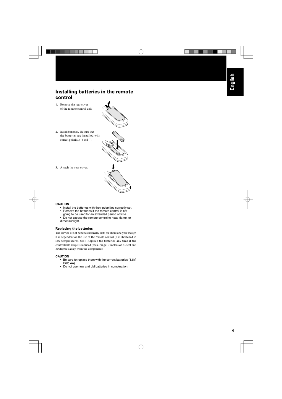 English installing batteries in the remote control | JVC XL-MC2000BK User Manual | Page 7 / 20