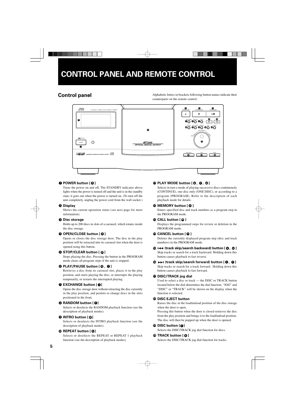 Control panel and remote control, Control panel | JVC XL-MC2000BK User Manual | Page 8 / 20