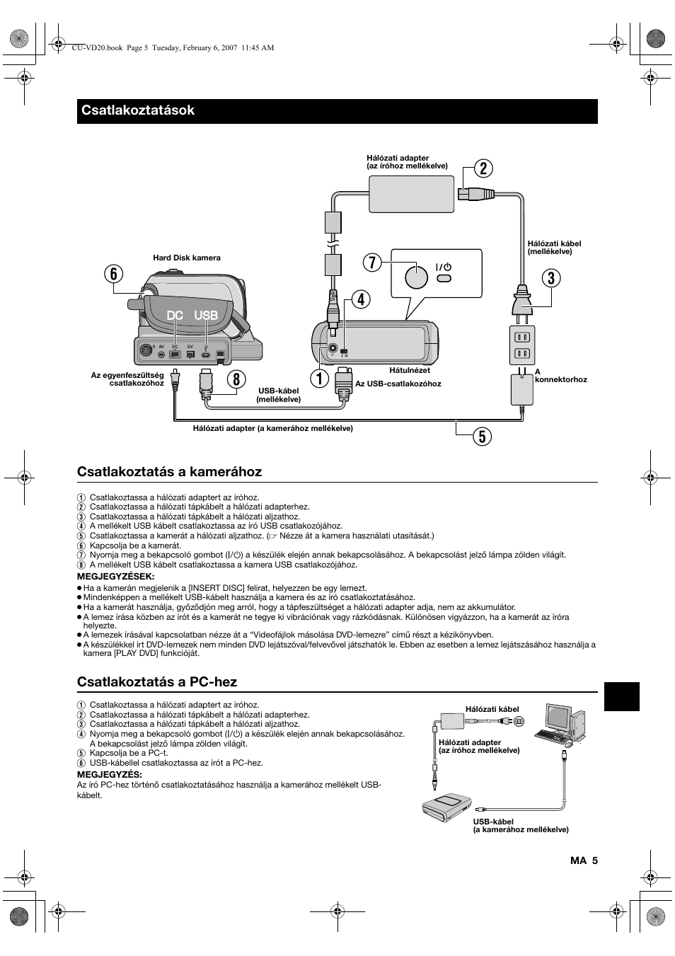 Csatlakoztatások, Csatlakoztatás a kamerához, Csatlakoztatás a pc-hez | JVC CU-VD20US User Manual | Page 103 / 128