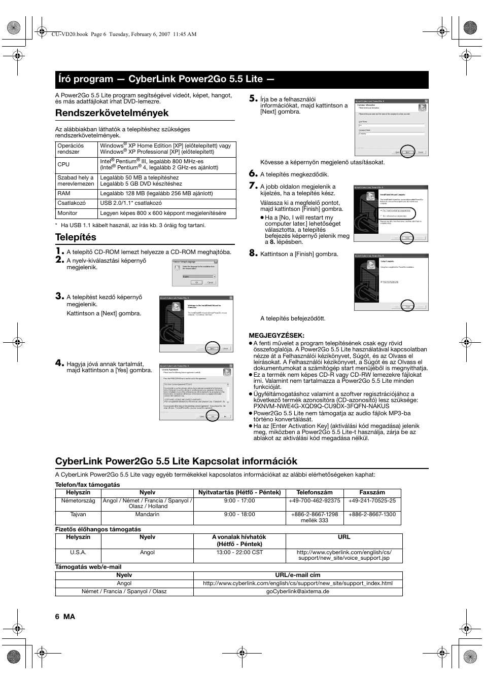 Író program - cyberlink power2go 5.5 lite, Rendszerkövetelmények, Telepítés | Cyberlink power2go 5.5 lite kapcsolat információk, Író program — cyberlink power2go 5.5 lite | JVC CU-VD20US User Manual | Page 104 / 128