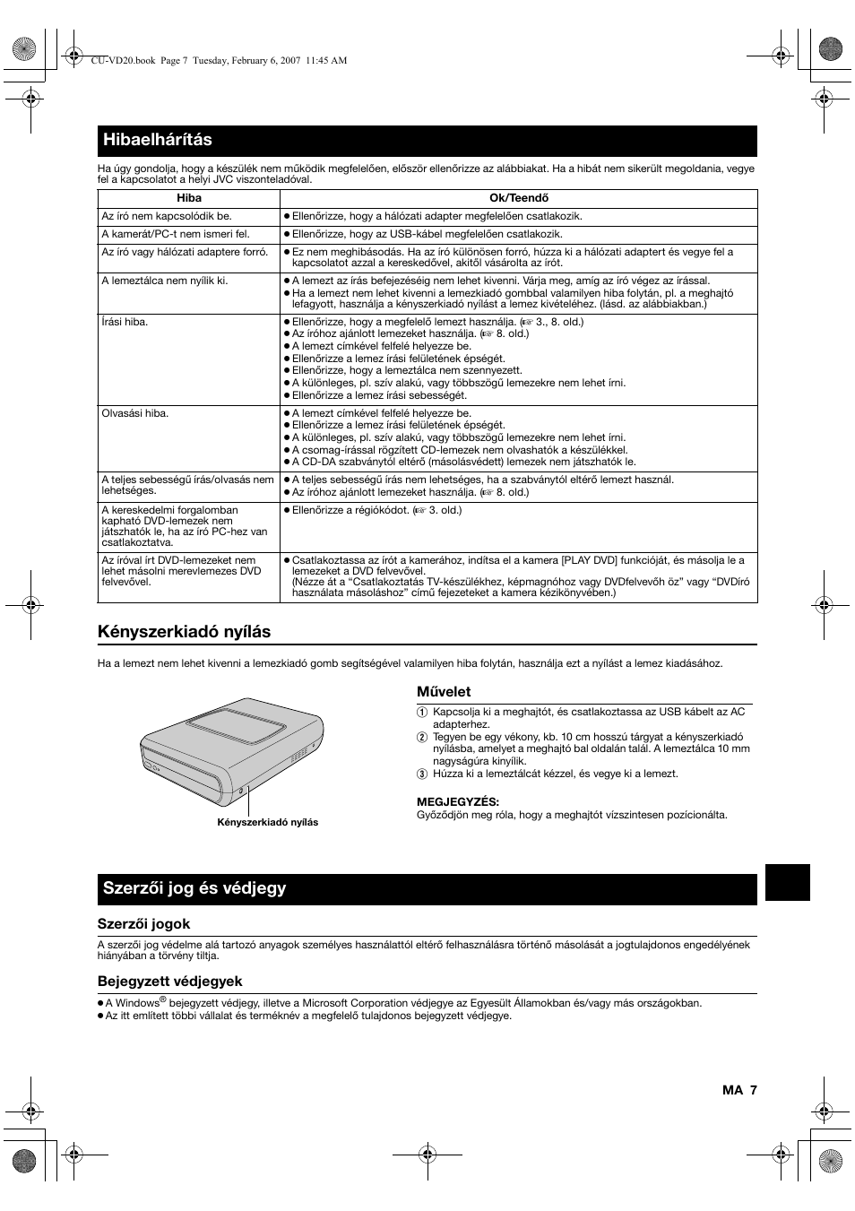 Hibaelhárítás, Kényszerkiadó nyílás, Szerzői jog és védjegy | Szerzői jogok, Bejegyzett védjegyek | JVC CU-VD20US User Manual | Page 105 / 128