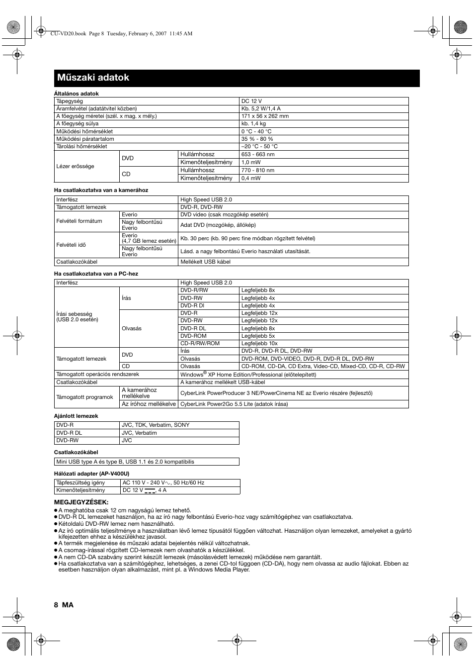 Műszaki adatok | JVC CU-VD20US User Manual | Page 106 / 128