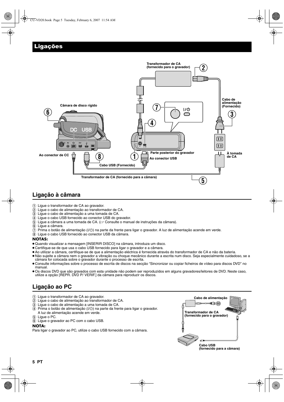 Ligações, Ligação à câmara, Ligação ao pc | JVC CU-VD20US User Manual | Page 110 / 128