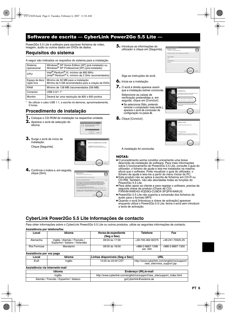 Software de escrita - cyberlink power2go 5.5 lite, Requisitos do sistema, Procedimento de instalação | Software de escrita — cyberlink power2go 5.5 lite | JVC CU-VD20US User Manual | Page 111 / 128