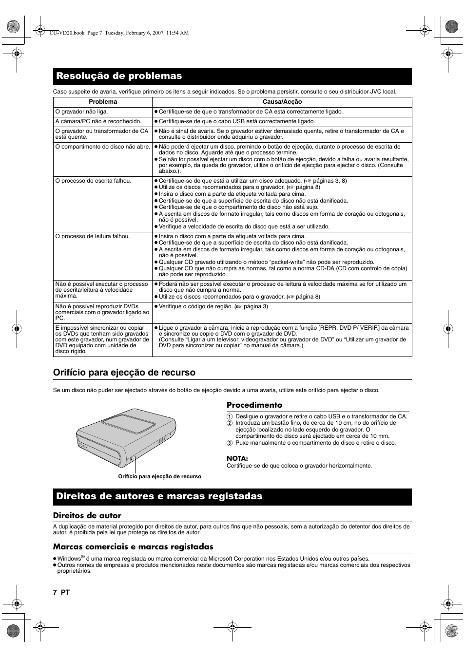 Resolução de problemas, Orifício para ejecção de recurso, Direitos de autores e marcas registadas | Direitos de autor, Marcas comerciais e marcas registadas | JVC CU-VD20US User Manual | Page 112 / 128