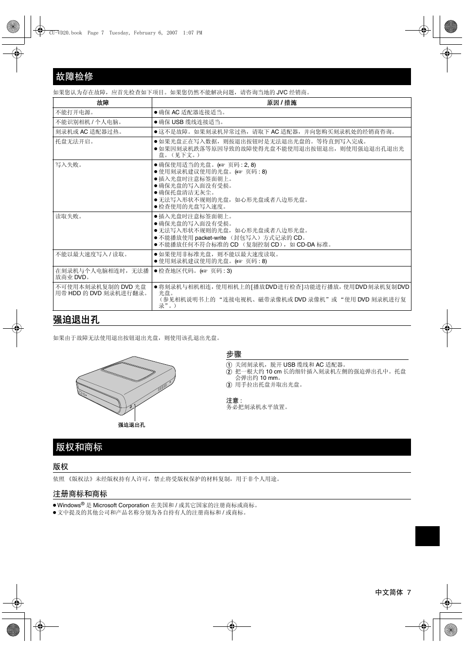 故障检修, 强迫退出孔, 版权和商标 | 注册商标和商标 | JVC CU-VD20US User Manual | Page 119 / 128