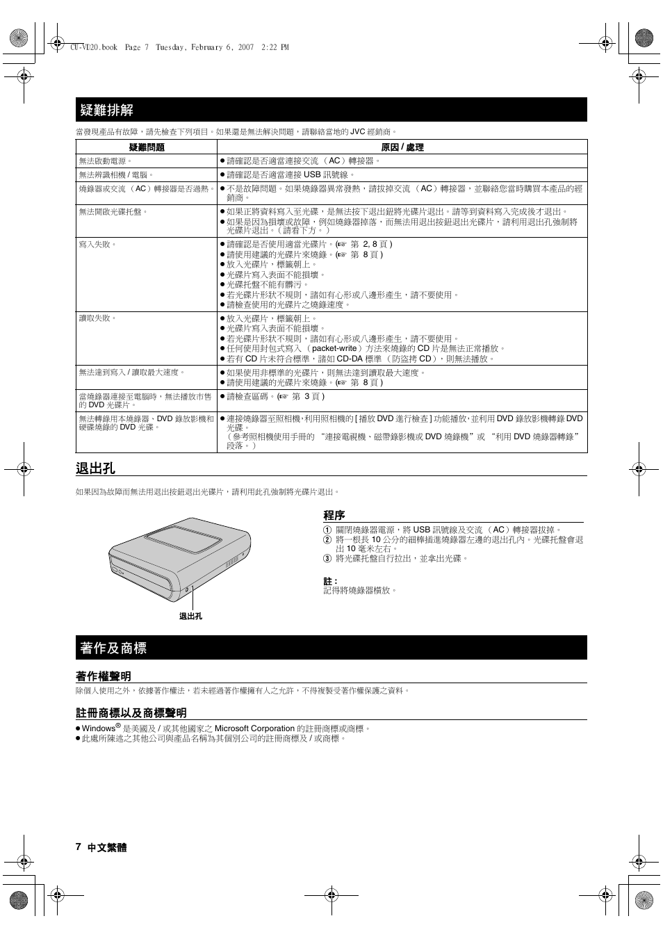 疑難排解, 著作及商標, 著作權聲明 | 註冊商標以及商標聲明 | JVC CU-VD20US User Manual | Page 126 / 128