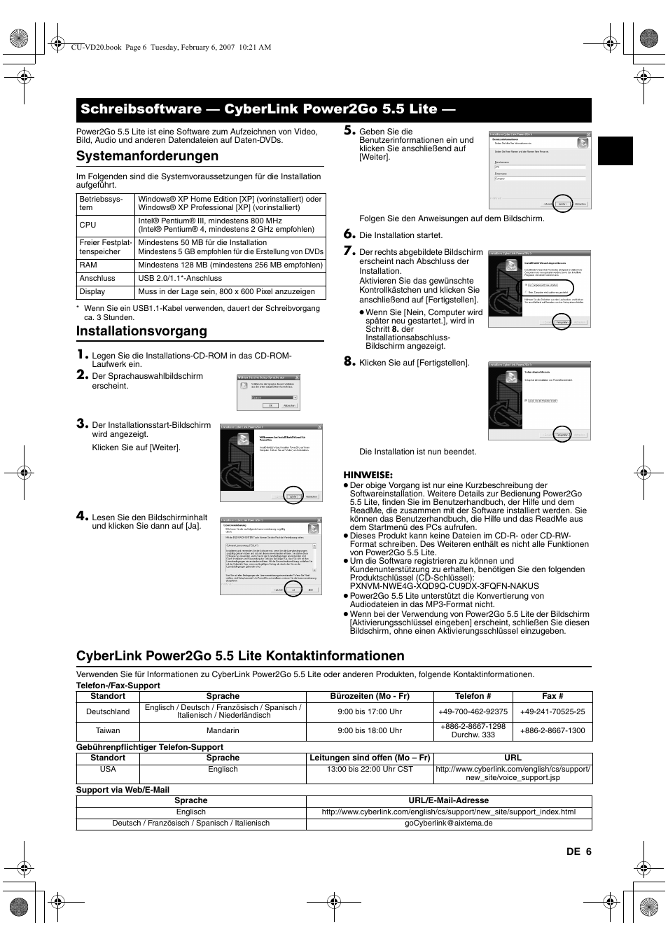 Schreibsoftware - cyberlink power2go 5.5 lite, Systemanforderungen, Installationsvorgang | Cyberlink power2go 5.5 lite kontaktinformationen, Schreibsoftware — cyberlink power2go 5.5 lite | JVC CU-VD20US User Manual | Page 13 / 128