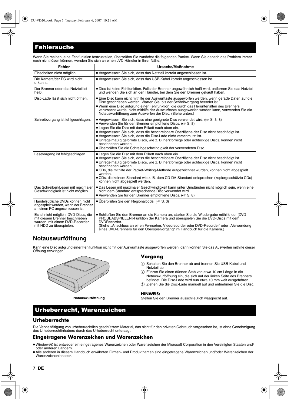 Fehlersuche, Notauswurföffnung, Urheberrecht, warenzeichen | Urheberrechte, Eingetragene warenzeichen und warenzeichen | JVC CU-VD20US User Manual | Page 14 / 128
