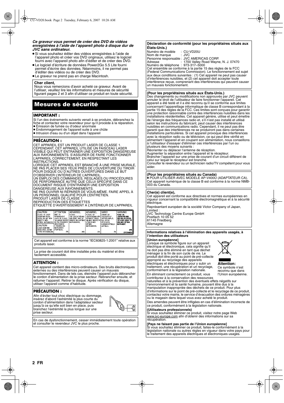 Français, Mesures de sécurité | JVC CU-VD20US User Manual | Page 16 / 128