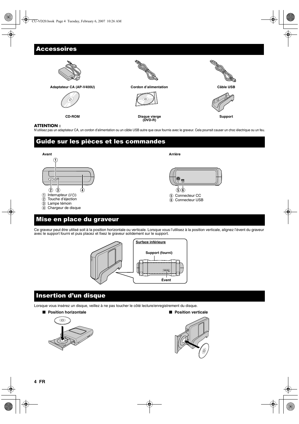 Accessoires, Guide sur les pièces et les commandes, Mise en place du graveur | Insertion d’un disque | JVC CU-VD20US User Manual | Page 18 / 128