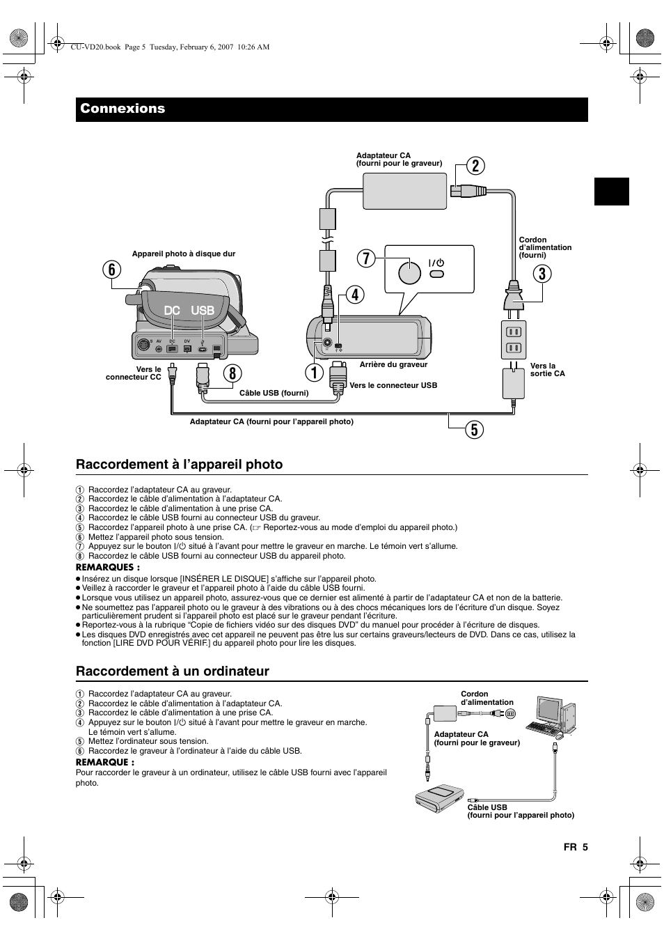 Connexions, Raccordement à l’appareil photo, Raccordement à un ordinateur | JVC CU-VD20US User Manual | Page 19 / 128