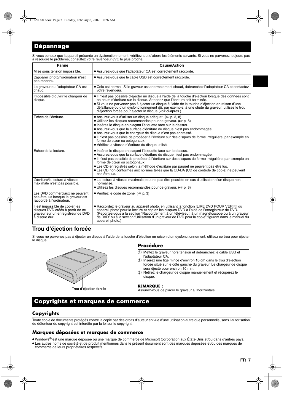 Dépannage, Trou d’éjection forcée, Copyrights et marques de commerce | Copyrights, Marques déposées et marques de commerce | JVC CU-VD20US User Manual | Page 21 / 128