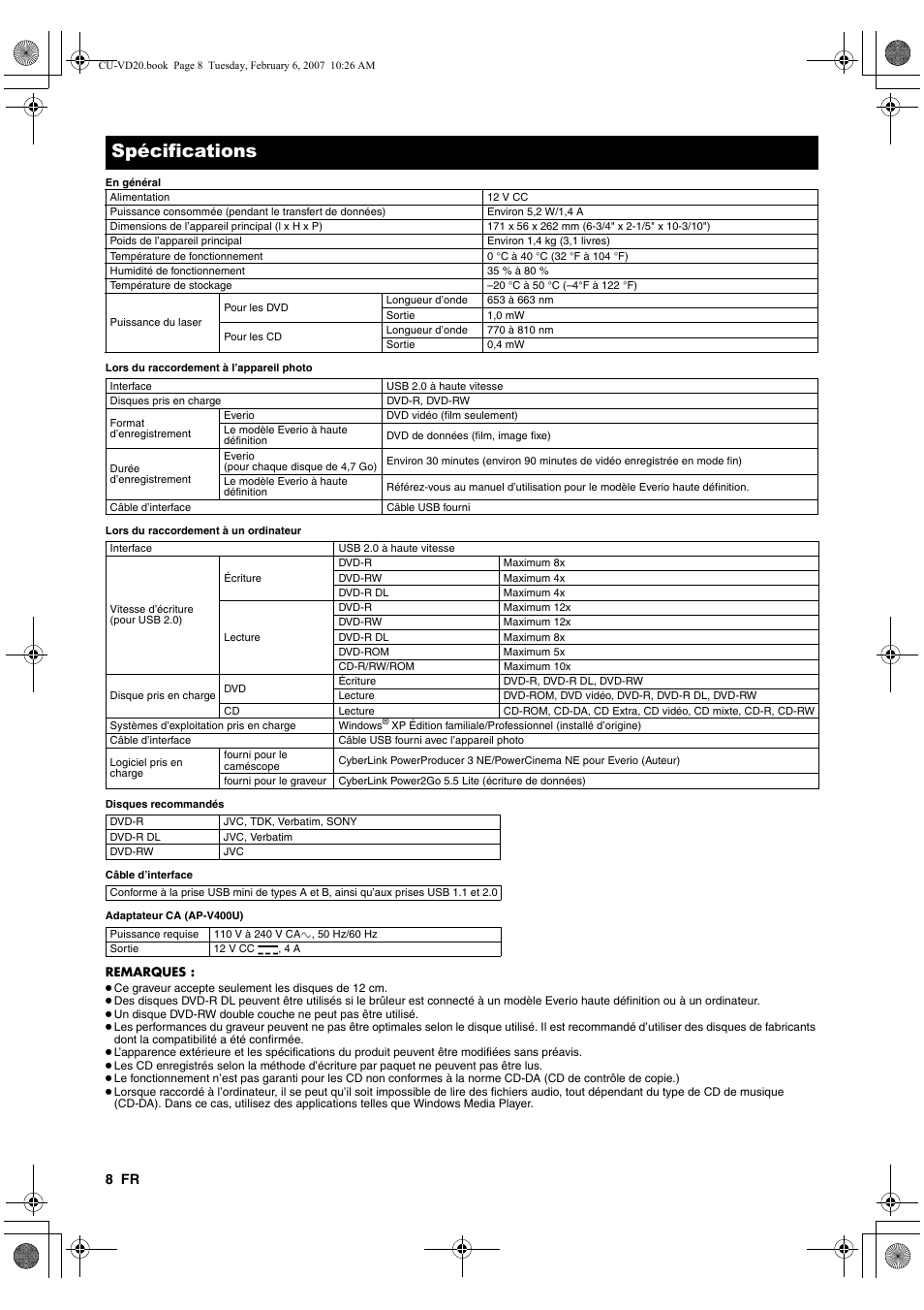 Spécifications | JVC CU-VD20US User Manual | Page 22 / 128