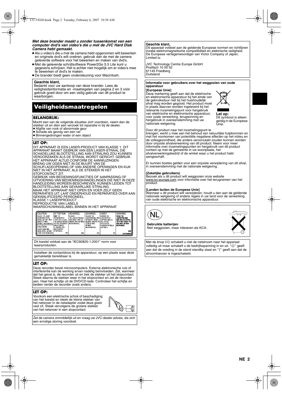 Nederlands, Veiligheidsmaatregelen | JVC CU-VD20US User Manual | Page 23 / 128