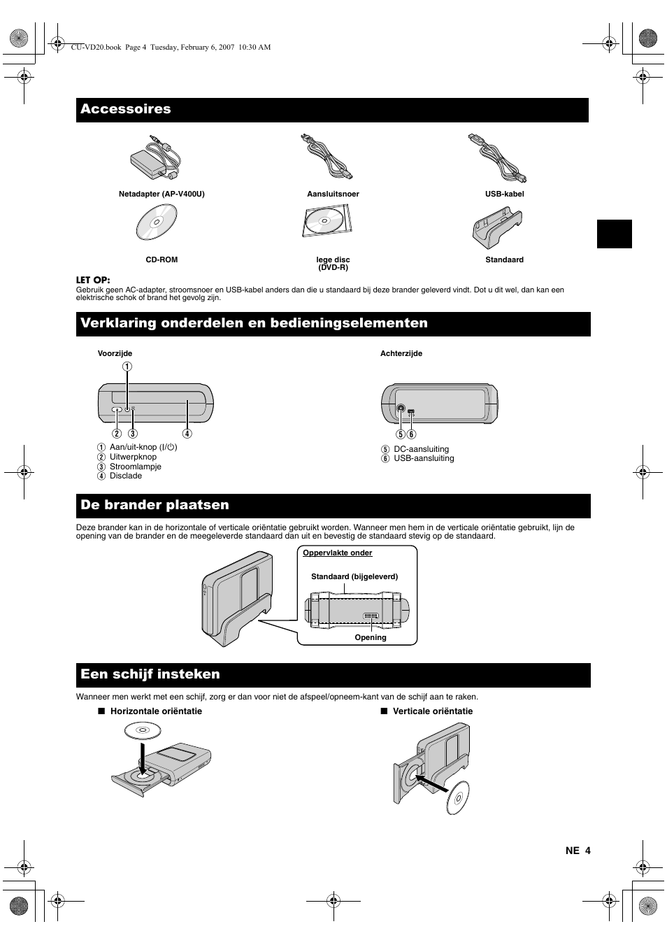 Accessoires, Verklaring onderdelen en bedieningselementen, De brander plaatsen | Een schijf insteken | JVC CU-VD20US User Manual | Page 25 / 128
