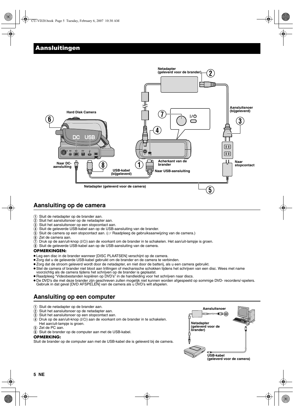Aansluitingen, Aansluiting op de camera, Aansluiting op een computer | JVC CU-VD20US User Manual | Page 26 / 128