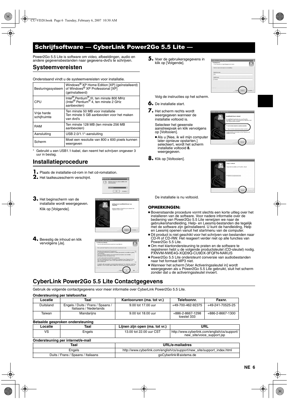 Schrijfsoftware - cyberlink power2go 5.5 lite, Systeemvereisten, Installatieprocedure | Cyberlink power2go 5.5 lite contactgegevens, Schrijfsoftware — cyberlink power2go 5.5 lite | JVC CU-VD20US User Manual | Page 27 / 128