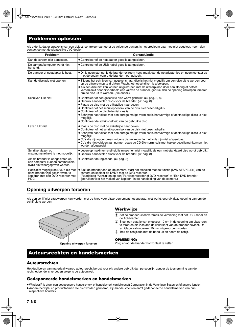 Problemen oplossen, Opening uitwerpen forceren, Auteursrechten en handelsmerken | Auteursrechten, Gedeponeerde handelsmerken en handelsmerken | JVC CU-VD20US User Manual | Page 28 / 128