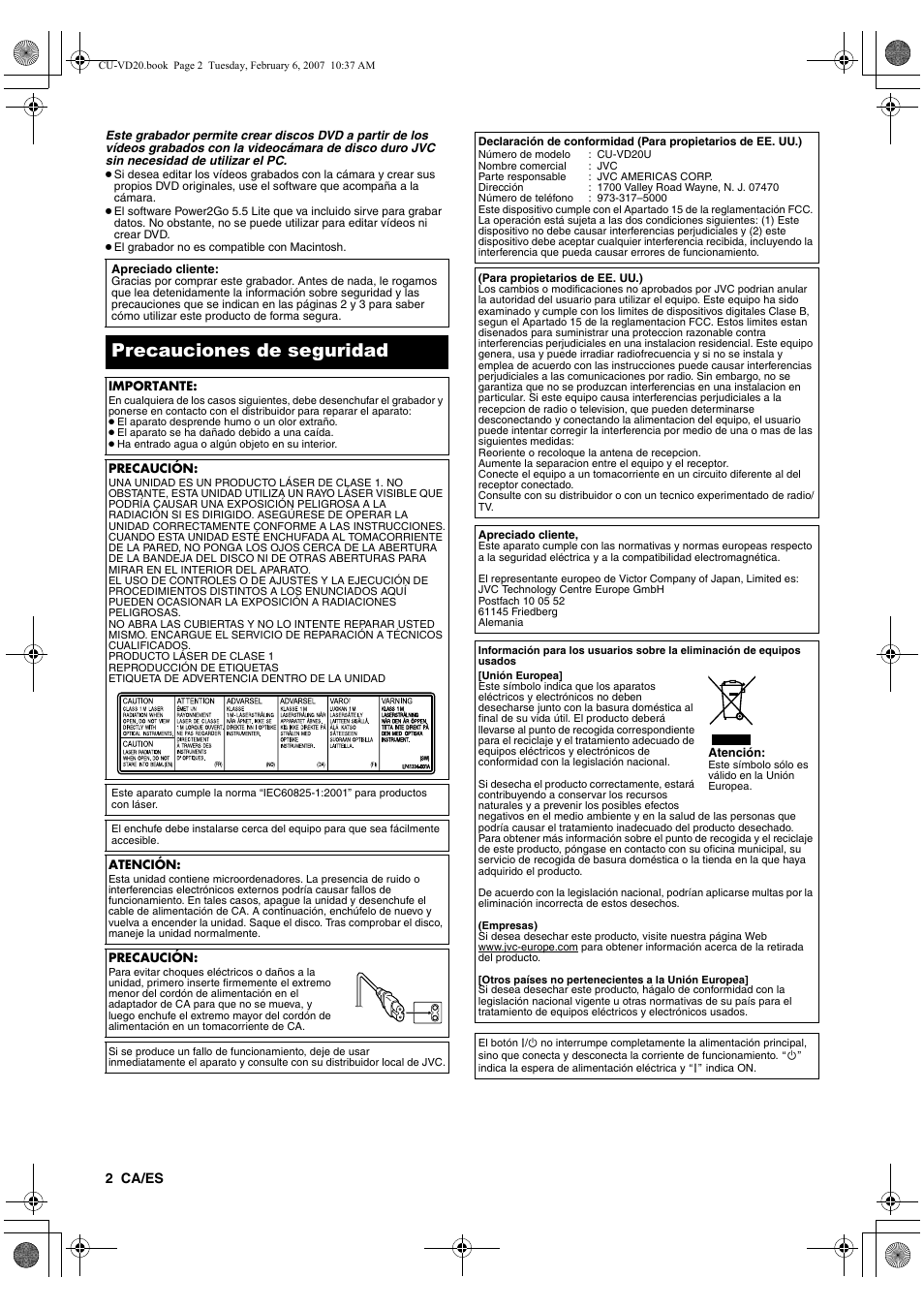 Castellano/español, Precauciones de seguridad | JVC CU-VD20US User Manual | Page 30 / 128