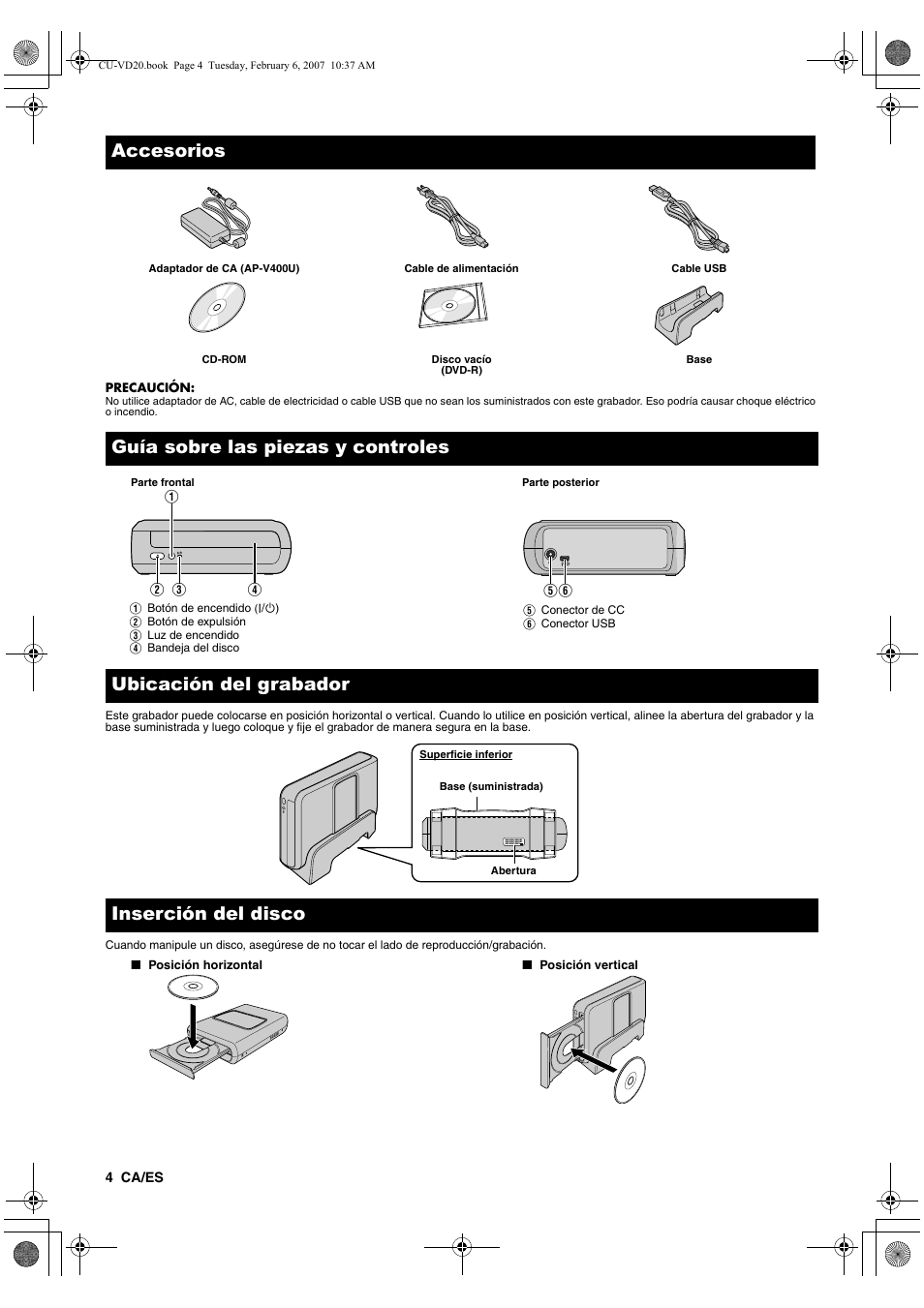 Accesorios, Guía sobre las piezas y controles, Ubicación del grabador | Inserción del disco | JVC CU-VD20US User Manual | Page 32 / 128