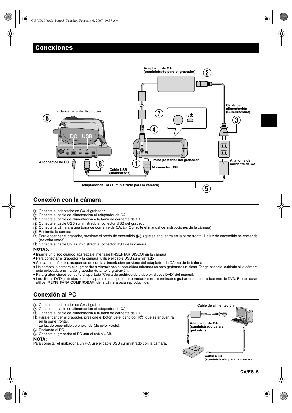 Conexiones, Conexión con la cámara, Conexión al pc | JVC CU-VD20US User Manual | Page 33 / 128