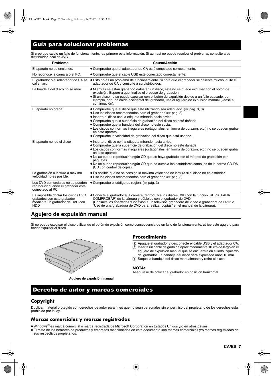 Guía para solucionar problemas, Agujero de expulsión manual, Derecho de autor y marcas comerciales | Copyright, Marcas comerciales y marcas registradas | JVC CU-VD20US User Manual | Page 35 / 128