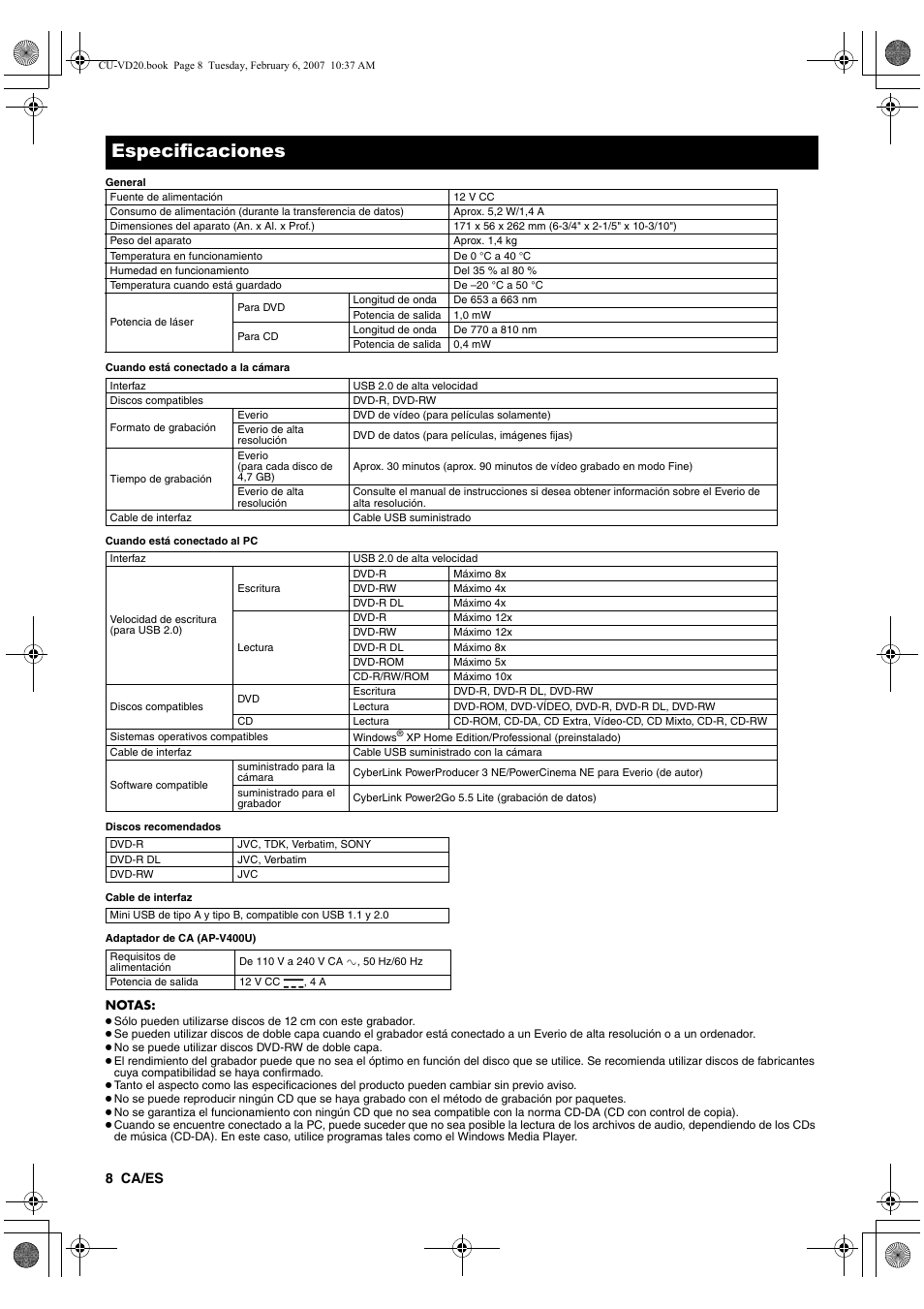 Especificaciones | JVC CU-VD20US User Manual | Page 36 / 128