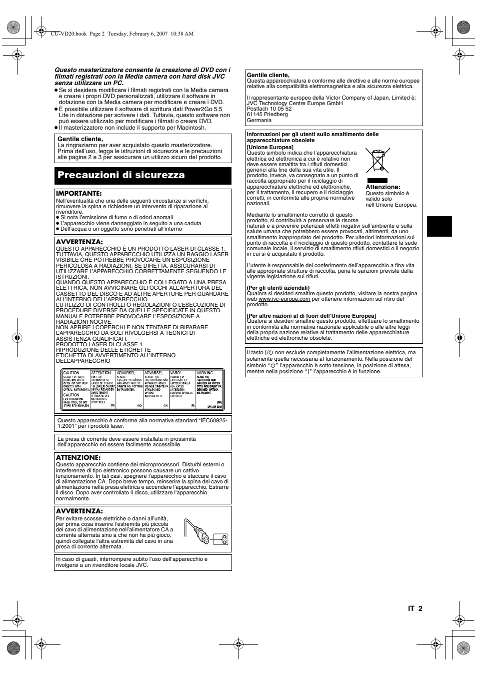 Italiano, Precauzioni di sicurezza | JVC CU-VD20US User Manual | Page 37 / 128
